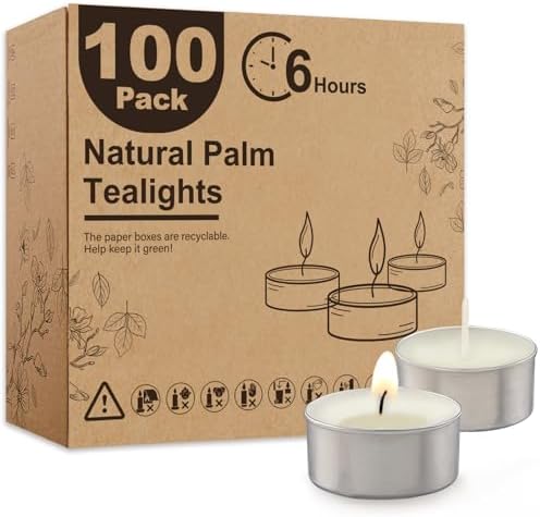 Ashlux 100-Pack Unscented Palm Wax Tea Lights Candles,6 Hours Burn
