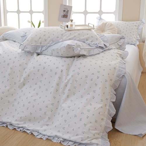 Blue Ruffle Duvet Cover 100% Cotton Twin(68"x86"),Blue Floral
