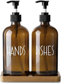 ALELION Amber Dlass Soap Dispenser for Kitchen - 16 OZ Hand and Dish Soap Dispenser Set with Acacia Wood Tray - for Kitchen Decor and Accessories