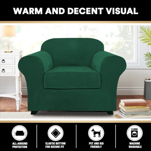 PrinceDeco 2 Piece Chair Cover Velvet Chair Slipcovers Soft Armchair Cover Furniture Protector with Arms Width Up to 49 Inch Chair Sofa Cover with Individual Cushion Covers(Small, Green)