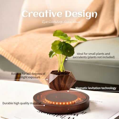 MOOCCI Levitating Plant Pot with Light, Magnetic Floating Flower Pot with Rotating and Auto-Spinning, Brown Wood Grain Planter for Succulents, Cool Desk Decor for Home Office, Unique Gift Idea