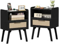 Lerliuo Rattan Nightstands Set of 2, Bedside Table with Drawer Open Shelf