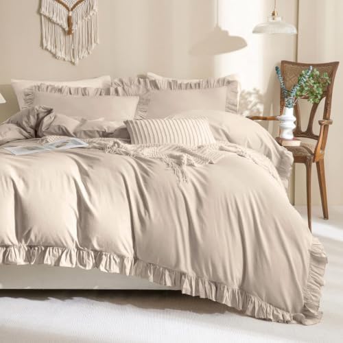 Beige Khaki Ruffle Duvet Cover Queen Size Washed Cotton,3Pcs Linen Feel Farmhouse Shabby Vintage Boho Chic Ruffled Bedding Set French Country Rustic Comforter Cover Aesthetic Soft Quilt Cover Set