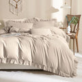 Beige Khaki Ruffle Duvet Cover Queen Size Washed Cotton,3Pcs Linen Feel Farmhouse Shabby Vintage Boho Chic Ruffled Bedding Set French Country Rustic Comforter Cover Aesthetic Soft Quilt Cover Set