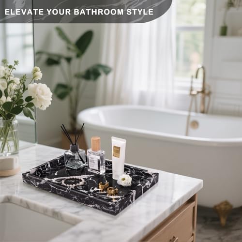 Marble Bathroom Tray for Countertop & Home Decor, Natural Decorative Marble Tray for Jewelry & Perfume Organizer, Luxury Stone Vanity Trays for Dresser, Kitchen Counter, 12" x 8", Black