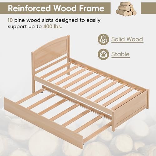 Twin Trundle Bed, Solid Wooden Pull Out Bed Frame, Extendable Day Bed with Headboard and Soild Wood Slats Support, Bedroom, Living Room, Guest Room, No Box Spring Needed (Natural)