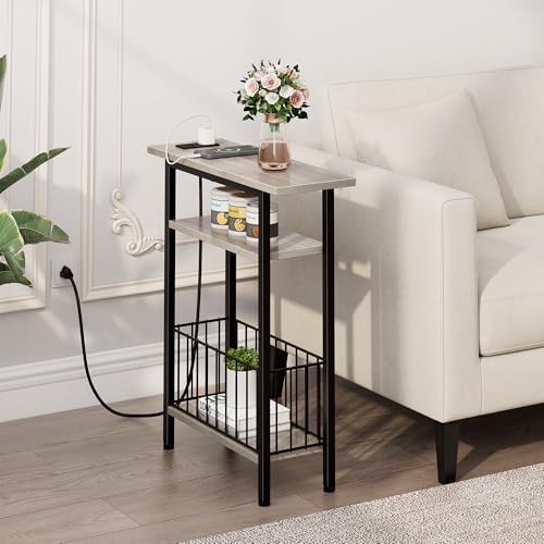 Vagusicc Narrow Side Table with Charging Station, Skinny Side End Table for Couch, 3-Tier Small End Tables for Small Spaces, 25.2" Tall Slim Nightstand Bedside Table for Living Room, Bedroom, Greige