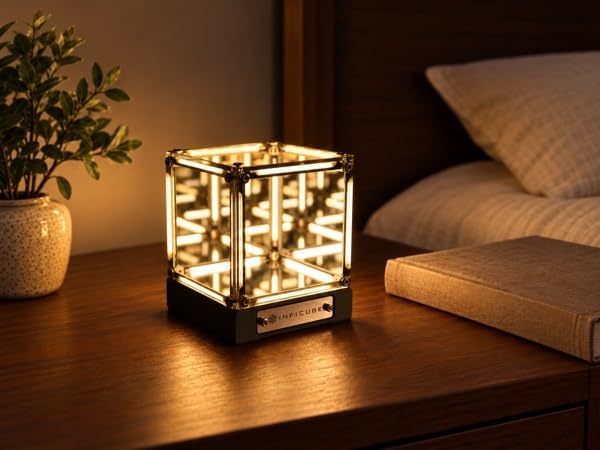 Infinity Mirror Cube Lamp with Display Case, Warm White 2700K | Tesseract Abyss Light, USB-C Rechargeable, Touch Dimmable LED Desk Decor for Gaming Room, Bedroom & Shelf