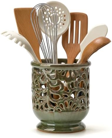 6.8" Ceramic Kitchen Utensil Holder, Utensil Crock, Green
