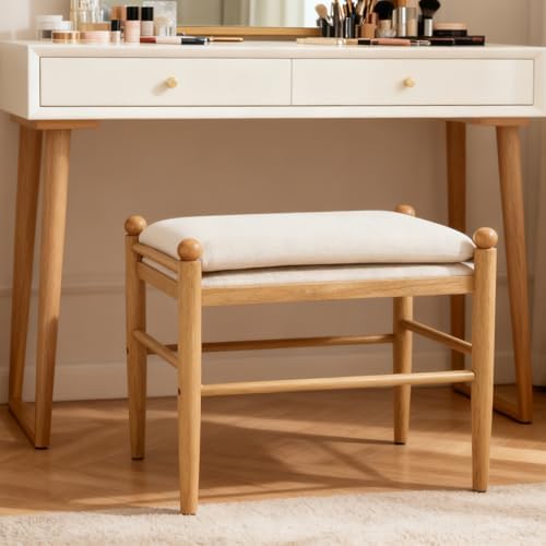 Ottoman Footrest Set of 2, 19 Inch Upholstered Vanity Bench Seat, Backless Makeup Stool with Solid Wood Legs for Dining Room/Bedroom/Living Room/Entryway,Brown Frame, Beige Linen