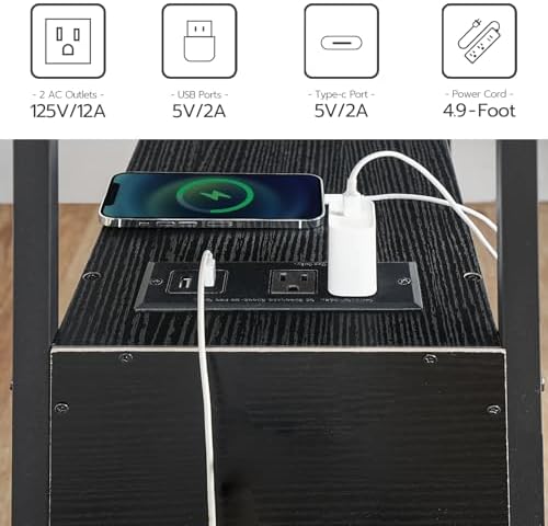 HOOBRO Set of 2 End Tables with Charging Station, Narrow Side Table with Drawers & USB Port & Power Outlets, Nightstand for Small Spaces, Living Room, Stable and Sturdy, Black BK541BZP201