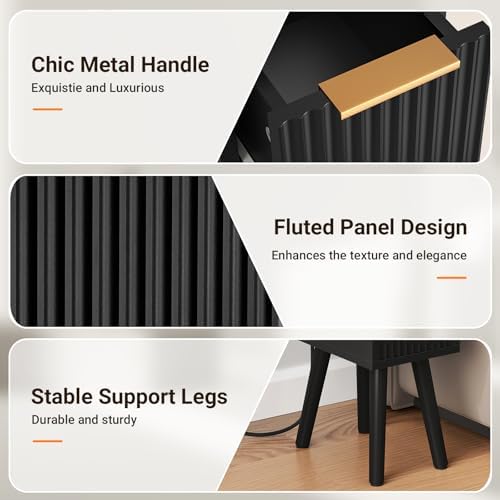 Narrow Side Table with Charging Station, Skinny Fluted Nightstand, Black