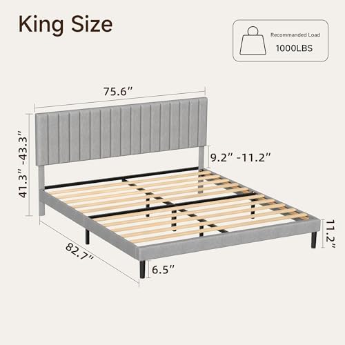 King Linen Bed Frame with Vertical Channel Tufted Headboard Light Grey