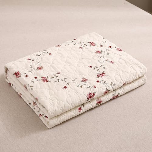 vctops 100% Cotton Quilted Throw Blanket 50x60 Inch Floral Embroidered Reversible Patchwork All Season Throw (Flower,50"x60")