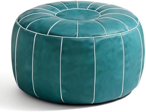 Thgonwid Unstuffed Moroccan Storage Pouf Foot Stool Ottoman Seat Handmade Faux Leather Bean Bag Floor Chair Foot Rest for Living Room, Bedroom or Balcony (Teal Blue)