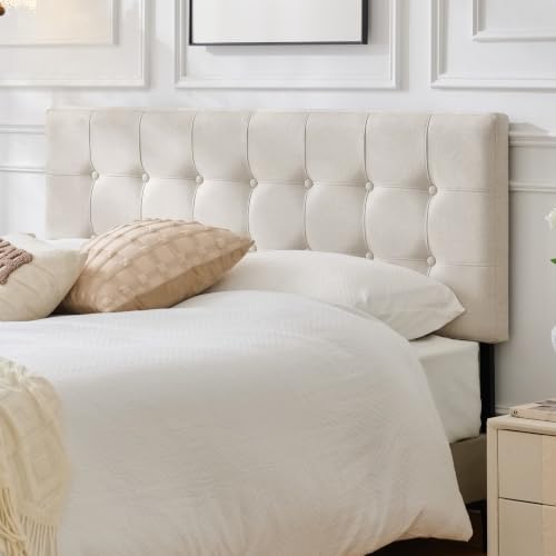 Linen Tufted Headboard King Size, Solid Wood King Headboard Only, Beige