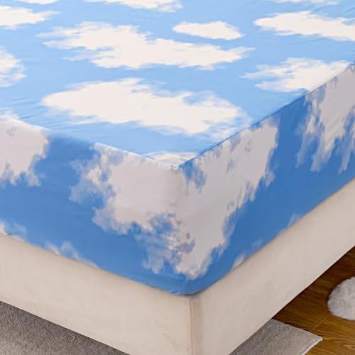Bedding Fitted Sheet with Deep Pocket for Single Bed Mattress Cover Sheets,White Cloud Printed Fabric Bed Sheets (Blue Sky, Queen)