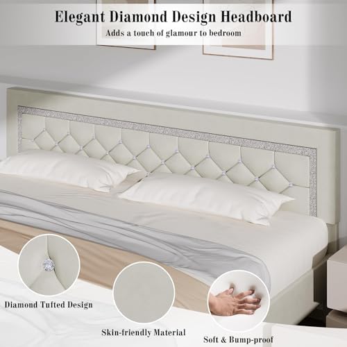 BarnFurin King Bed Frame with Diamond Tufted Headboard,Cream