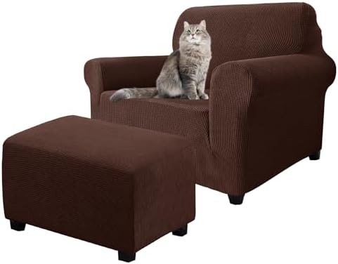 2 Piece Stretch Chair and Ottoman Cover Set, Jacquard Accent Armchair and Foot Stool Slip Cover, Non-Slip Slipcover for Chair with Footrest (Brown,2 Pieces Set)