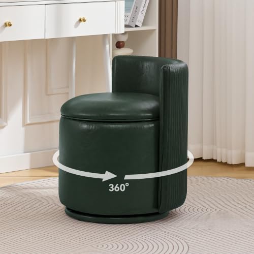 Faux Leather Vanity Chair with Storage, 360° Swivel Makeup Chair,Dark Green