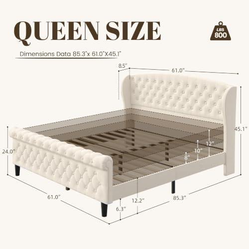 HISOFT Queen Platform Bed Frame, Velvet Upholstered Sleigh Bed with Wingback Tufted Headboard and Footboard, Noise-Free Design, Easy Assembly, No Box Spring Needed, Light Beige