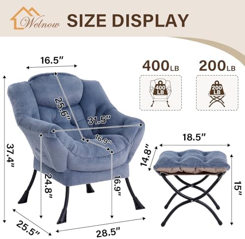 Welnow Lazy Chair with Ottoman,Reading Chair with Footrest,Light Blue