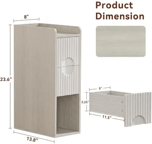 Narrow Nightstand Set of 2, Wood 2 Drawer Narrow Nightstand, Skinny Night Stand with Open Storage, Mid Century Modern Slim Bedside Table for Bedroom, White Grey Oak