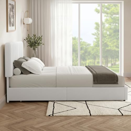 VECELO Full Size Upholstered Bed Frame with 4 Drawers and Headboard, Velvet Platform Storage Bedframe, Wooden Slats Support, No Box Spring Needed,White