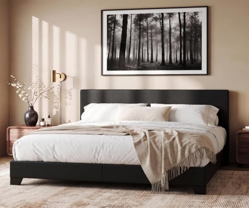 Allewie King Size Faux Leather Bed Frame, Adjustable Headboard, Black