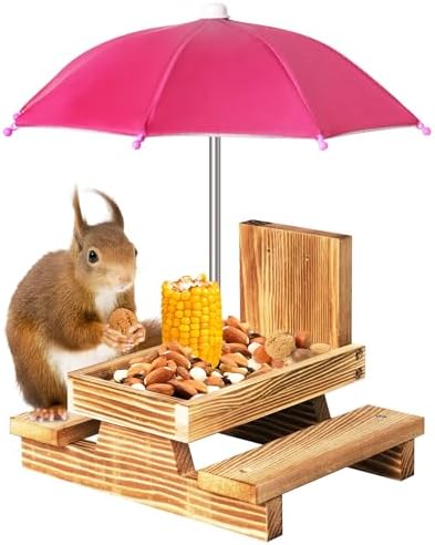 Gnodary Squirrel Feeder with Umbrella, Squirrel Feeders for Outside, Squirrel Picnic Table Feeder - Chipmunk Feeder Hold Corn, Corn Cob, Peanuts Style2 (Dark Pink)