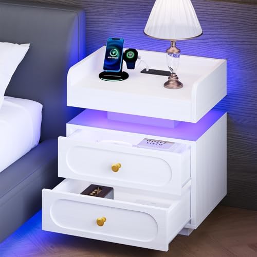 4ever2buy White Nightstand Set of 2 with Charging Station and LED Lights