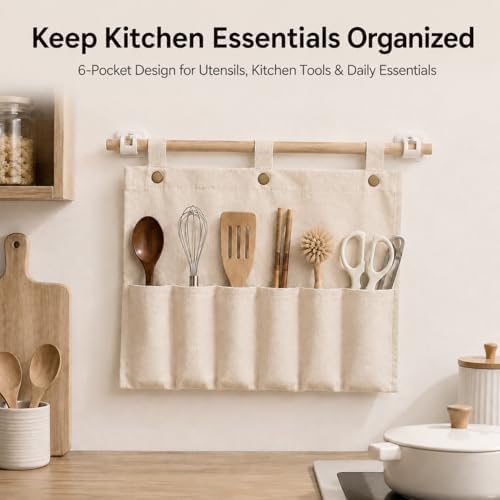 No Drill Canvas Wall Organizer with Mounting Clips, Hanging Pocket Organizer with Wooden Rod, Fabric Wall Storage for Bedroom, Bathroom, Entryway (Medium & Small Set)