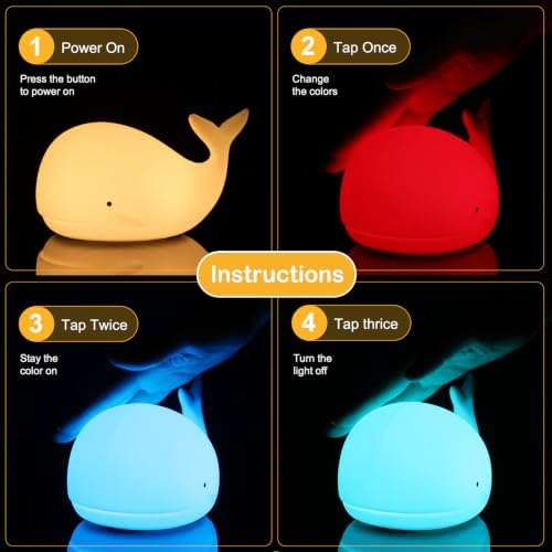 LOVERUIS Whale Night Light Silicone 7 Colors Dimmable 3 Hours Timer Whales Baby Light Decor Room Ocean Baby Nursery Decors Gift Kids