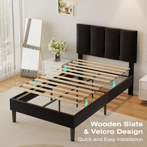 VECELO Twin Size Bed Frame with Upholstered Headboard, Velvet & Black