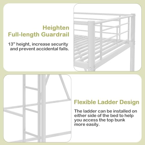 VECELO Loft Bed Twin Size, Metal Bedframe with Removable Ladder and Safety Guardrail, No Box Spring Needed, Space Saving, Noise Free, Off White