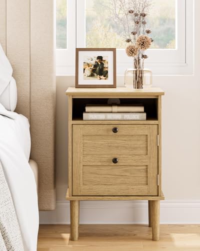 Nightstand, Boho Night Stand with 1 Drawers, Modern Side Accent Table with Open Shelf, Wooden Top Bedside End Table for Bedroom, Living Room, Yellow Oak