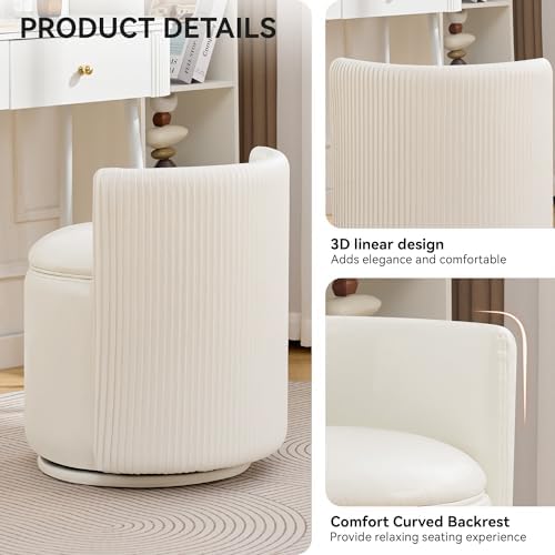 WUTUTUEE Faux Leather Vanity Chair with Storage, 360° Swivel Makeup Chair with Pleated Back, No Assembly Small PU Accent Stool for Bedroom, Dressing Room, Living Room, White