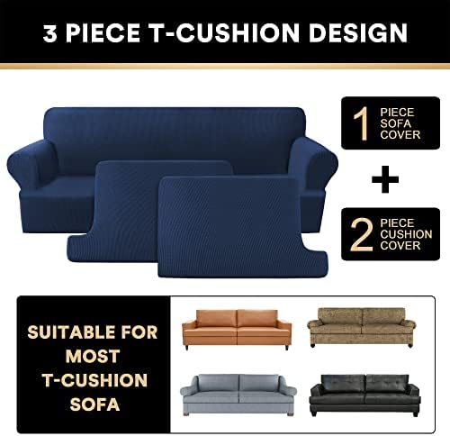 PrinceDeco T Cushion Sofa Slipcover 3 Pieces Sofa Covers for T Cushion Couch Soft Couch Cover Sofa Slip Covers Furniture Covers with 2 Individual T Shape Seat Cover Width Up to 88", Navy