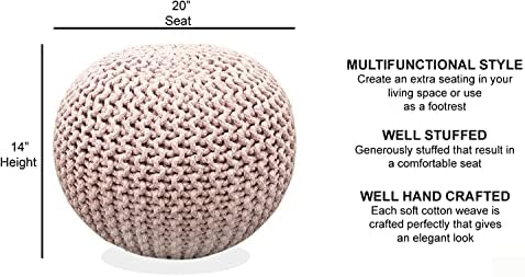 FRELISH DECOR Round Pouf Ottoman (20 Diameter x 14 Height) Cloud Pink