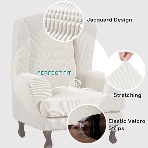 Turquoize Wingback Chair Covers 2 Piece Wing Chair Slipcover Stretch Slipcovers for Wingback Chairs Spandex Jacquard Fabric with Elastic Bottom Non-Slip Furniture Cover, Porcelain White