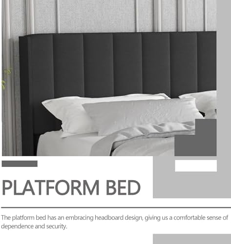 Twin Size Bed Frame with Linen Upholstered Headboard, Black