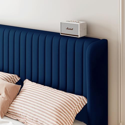 SHA CERLIN Queen Size Velvet Bed Frame, Tufted Wingback Headboard, Blue