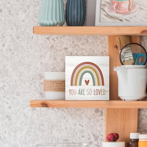 Boho Rainbow Christian Nursery Wood Box Sign Desk Decor 5X5, You Are So Loved Wooden Block Sign Decorations for Kids Boy Girl Nursery Room Bedroom Playroom Desk Table Wall Tabletop Shelf Decor