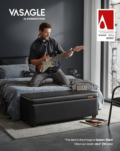 VASAGLE Storage Ottoman Bench with Stitching, PU Leather, Entryway Bedroom