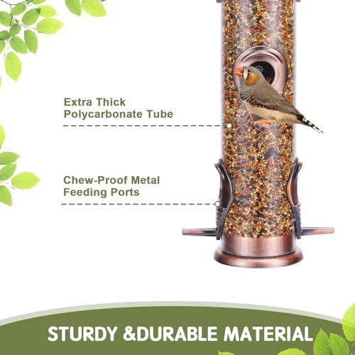 Metal Bird Feeder Tube Hanging Wild Bird Seed Feeder Aluminum Six Port Bird Feeders,1.4 mm Extra Thick Solid Tube Transparent with Steel Hanger Great for Attracting Birds (Antique Copper 2PK)