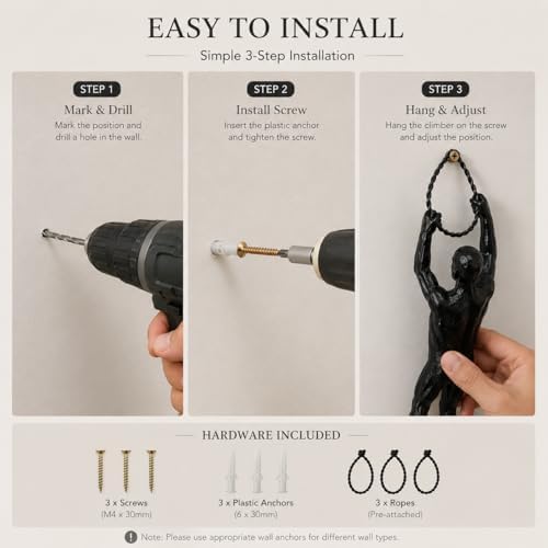 ClookRack Modern Climbing Wall Decor Set of 3, Black Resin Sculptures
