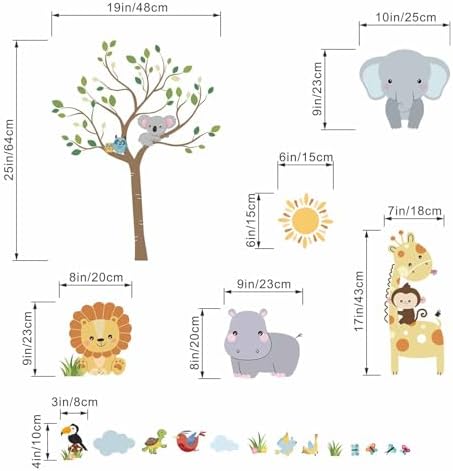 Animal Wall Stickers Decals for Kids: Baby Room Nursery Decor with Jungle Safari Theme Peel and Stick Removable Vinyl - Ages 0-12 Years