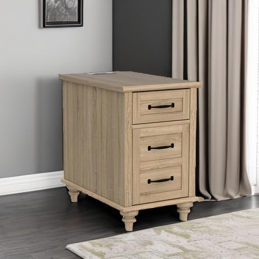 WAMPAT Set of 2 End Tables with Charging Station, Farmhouse Side Table, Oak