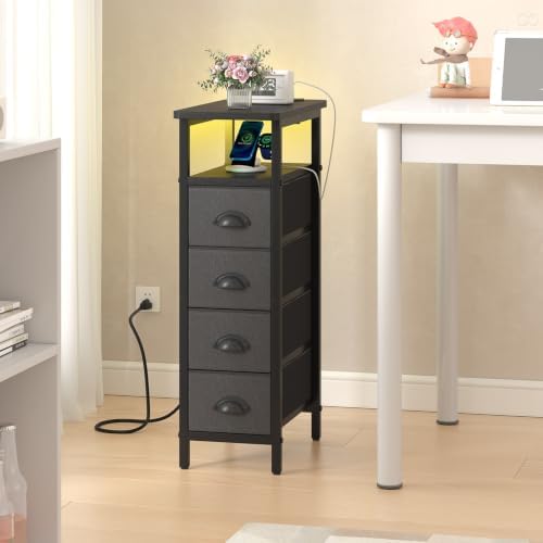 sthmec Side Table with Charging Station, Narrow End Table with 4 Drawers, LED Nightstands with Fabric Drawers,Slim Sofa Couch Side Tables for Small Spaces,Living Room,Bedroom, Black