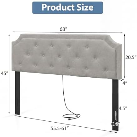 KOMFOTT Upholstered Headboard with Charging Station for Full & Queen Size Bed Frame, Tufted Button Bed Headboard with Solid Rubber Wood Legs, Headboard with Adjustable Width, Grey